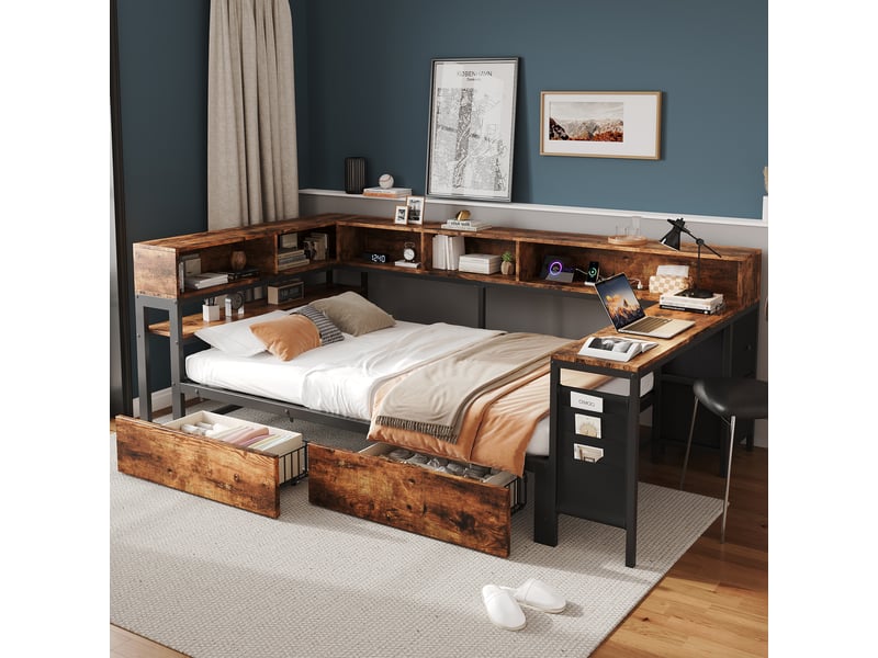 Lit métal 120x200 cm, 2 tiroirs, rangements intégrés, prise usb, table de chevet, noir, sans matelas - Conforama B