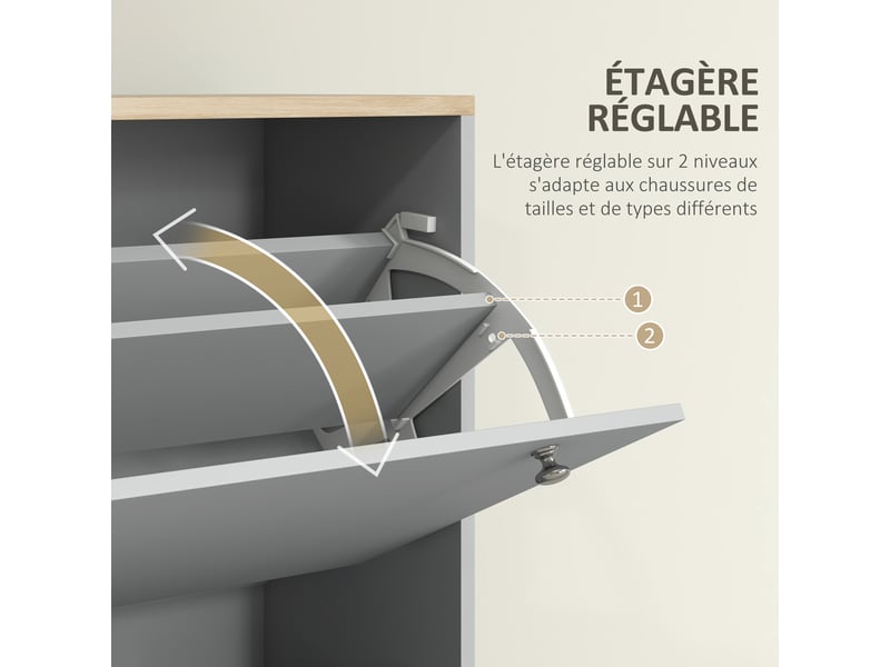  Meuble à chaussures 24 paires avec 3 tiroirs rabattables et étagères réglables, gris, 80x23,5x121cm  - Conforama E