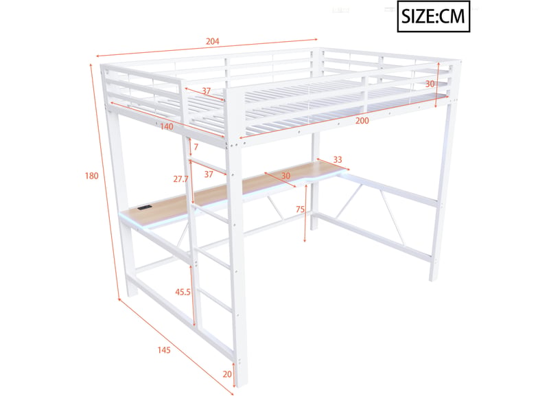  Lit mezzanine enfant 140x200 cm, station de charge usb, bureau et éclairage led, coloris blanc, métal et en mdf, sans matelas  - Conforama C