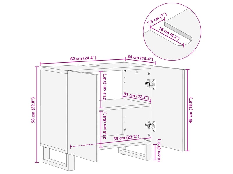  Armoire de lavabo de salle de bain, cabinet de salle de bain 62x34x58 cm bois massif de manguier cf65597  - Conforama E