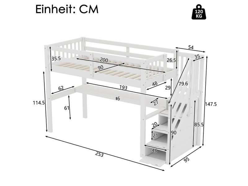 Lit mezzanine 90 x 200 cm pour enfant avec tiroirs de rangement et bureau sous le lit, blanc - Conforama C