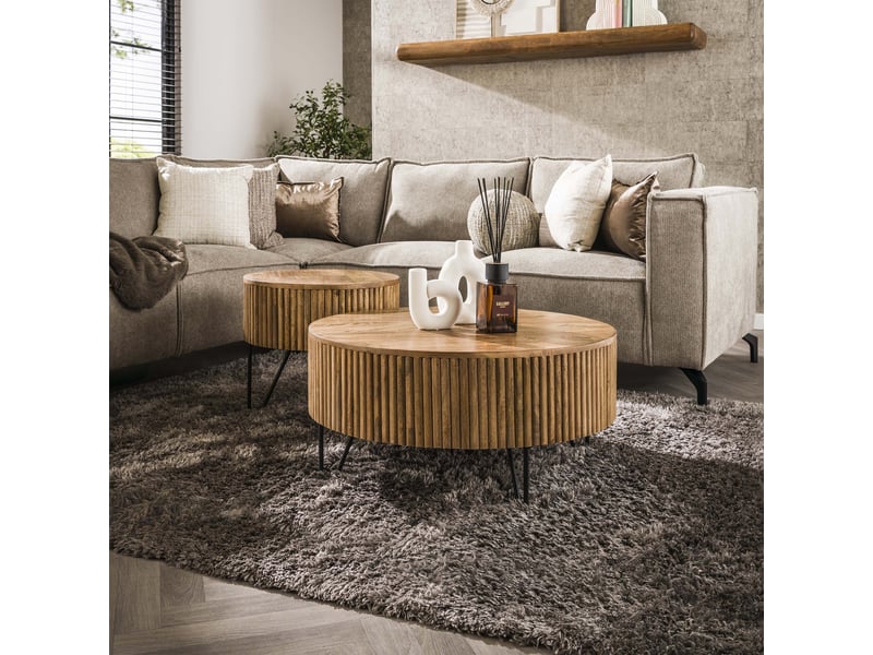  Lot de 2 tables en bois de manguier piètement en acier noir  - Conforama D