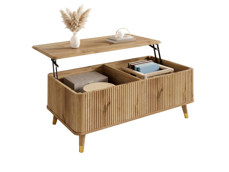 Table basse 97x52x56,5 cm à plateau escamotable relevable, design ondulé en mdf et bois, coloris naturel  - Conforama A