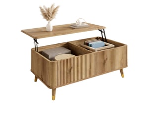 Table basse 97x52x56,5 cm à plateau escamotable relevable, design ondulé en mdf et bois, coloris naturel