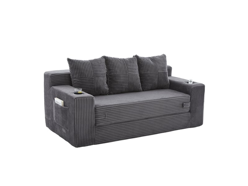  Canapé droit modulable 3 places sans cadre avec porte-gobelets et poches latérales, en velours côtelé gris  - Conforama A