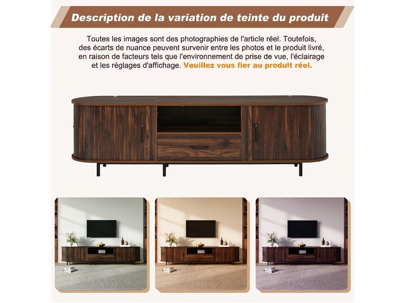  Meuble tv 180 cm pour téléviseur 75 pouces, couleur noyer avec portes coulissantes et tiroir, style rétro  - Conforama E