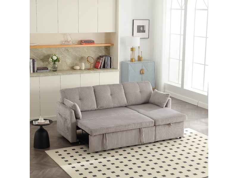  Canapé d'angle convertible 3 places,206x108x66cm,canapé-lit 3 places envelours côtelé avec lit gigogne,méridienne réversible rangement,gris clair  - Conforama B