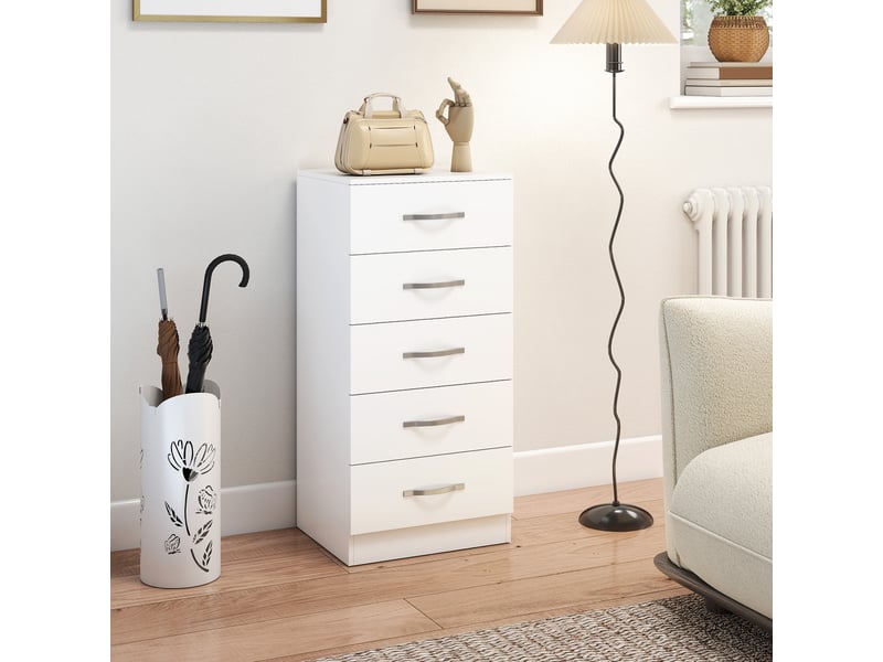  Commode moderne à 5 tiroirs, panneaux de particules, 40 x 35 x 85 cm, blanche  - Conforama C