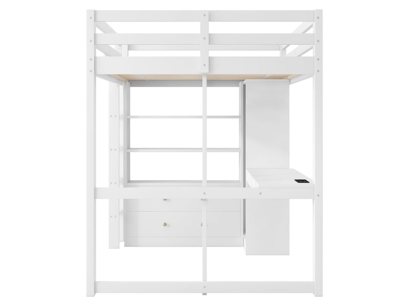 Lit mezzanine 140x200 cm blanc, avec bureau, 2 tiroirs, étagères, penderie, led, usb, sommier inclus, sans matelas - Conforama E
