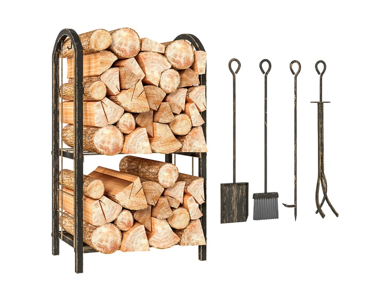  Porte-bûches métallique 2 niveaux avec 4 outils, charge 100 kg, 43 x 30 x 74 cm  - Conforama A