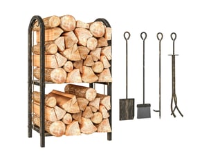 Porte-bûches métallique 2 niveaux avec 4 outils, charge 100 kg, 43 x 30 x 74 cm