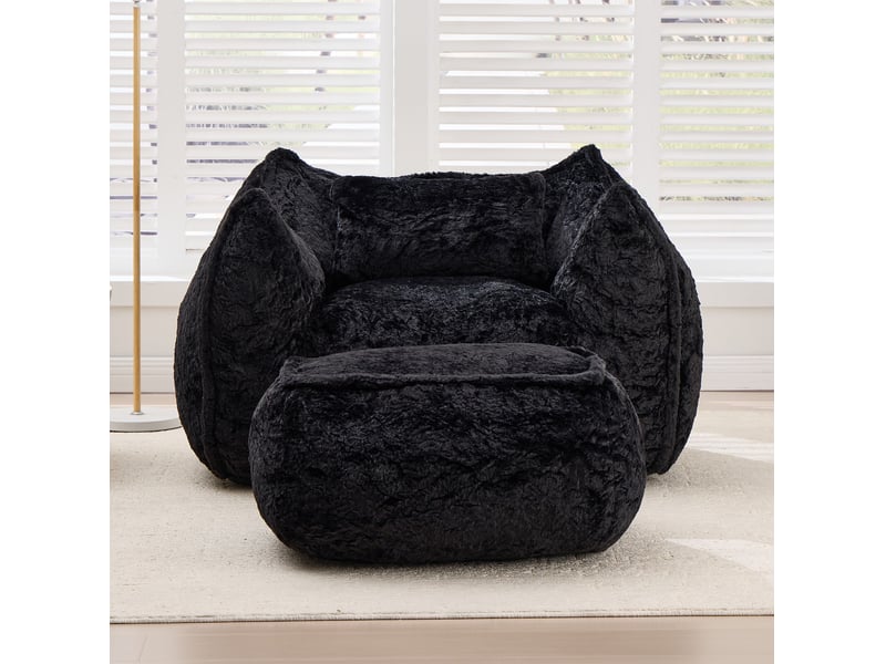  Fauteuil poire géant 123x157x73 cm avec repose-pieds en fausse fourrure noir  - Conforama C