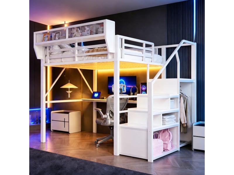  Lit mezzanine 140x200 cm, lit enfant, rangement, bureau, échelle sécurisée, led, métal blanc  - Conforama A