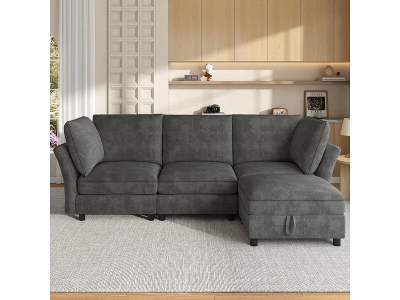  Canapé d'angle modulable en chenille, gris 4 places avec pouf de rangement, assise confortable pour salon et chambre, 225x137x84cm.  - Conforama E