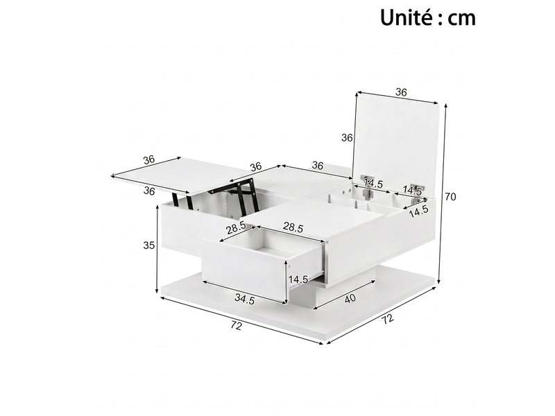 Table basse relevable led carrée 72x72 cm avec rangement et tiroirs, table de salon blanche brillante - Conforama E