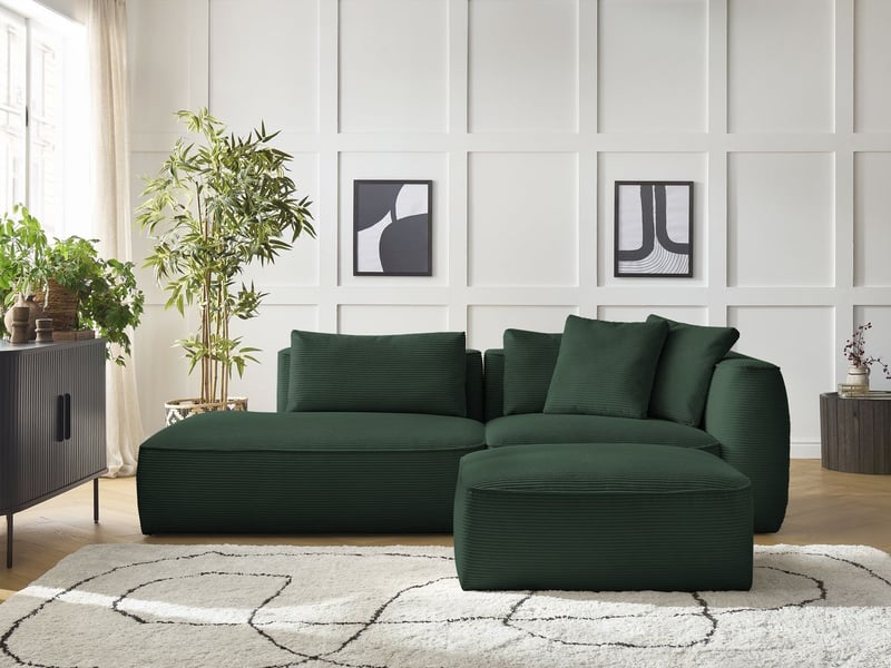  Bobochic canapé droit fixe 3 places leopold velours côtelé avec pouf vert foncé  accoudoir droit LEOPOLD - Conforama C