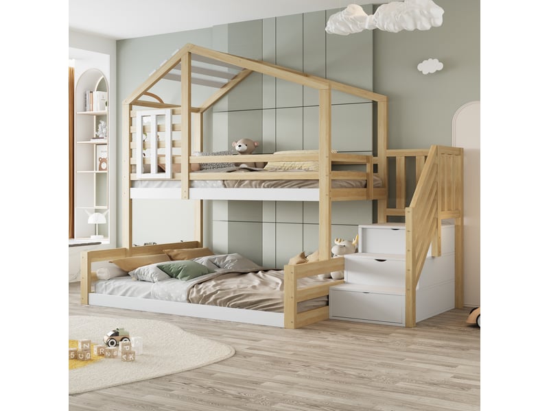  Modenvie lit superposé cabane 90x200140x200 cm - avec escalier de rangement, sans matelas - naturel  - Conforama B
