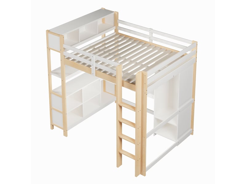 Lit mezzanine bois naturel 140x200 cm – bureau intégré, armoire, étagères et rangements, sans matelas - Conforama E