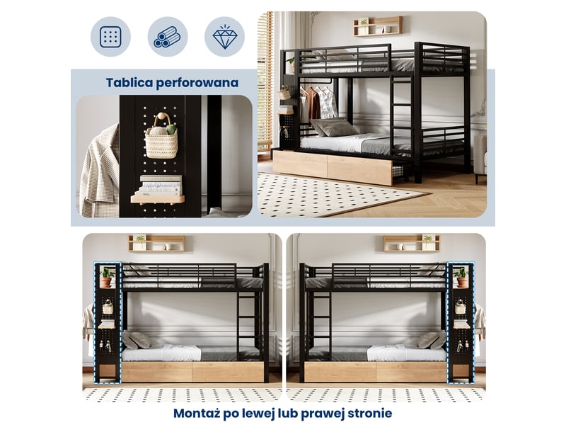  Lit superposé,90x200 cm,avec rangement et led,métal et mdf,noir  - Conforama E