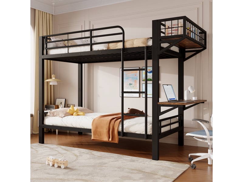  Lit superposé 90 x 200 cm, bureau, compartiment de rangement ouvert, garde-corps, échelle, structure en métal, noir Seren Glow - Conforama B
