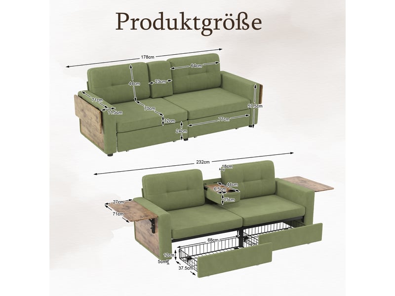  Canapé 2 places - 178 x 71 x 57.5 cm - vert - canapé en chenille avec tablettes pour ordinateur, tiroirs de rangement et porte-gobelets  - Conforama B