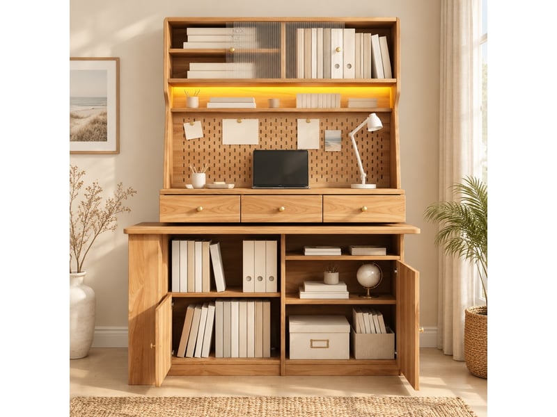  Armoire haute avec bureau intégré, led et usb - lpospi - portes vitrées, mdf naturel 137×74×177,7 cm  - Conforama C