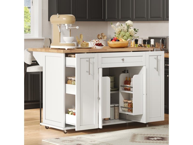  Îlot de cuisine mobile 120x45(70) cm avec plateau pliant, rangement, 3 tiroirs verticaux, étagères portes, roulettes - blanc et bois  - Conforama E