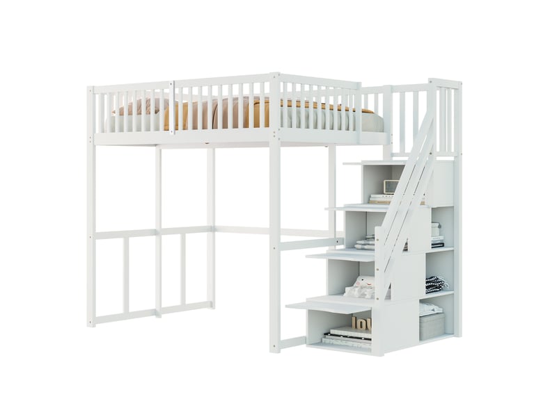  Lit mezzanine 140 x 200 cm blanc avec escalier de rangement et garde-corps  - Conforama A