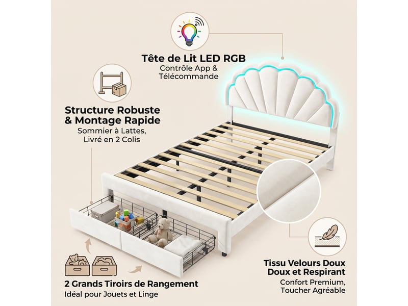  Lit simple 140x200, éclairage led et tiroir de rangement, lit enfant, tête de lit coquillage ajustable, velours, blanc  - Conforama C