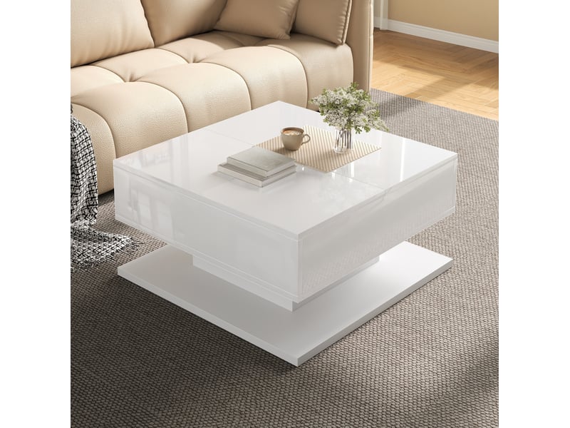 Table basse relevable avec plateau rabattable, 2 tiroirs et led pilotée par application, blanche 72 × 72 × 35 cm - Conforama B