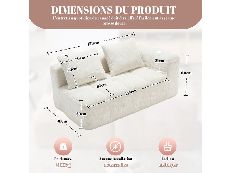  Canapé droit 2 places en chenille beige 158x90x60 cm, coussins inclus, poches latérales, sans assemblage 158x90x60cm - Conforama C