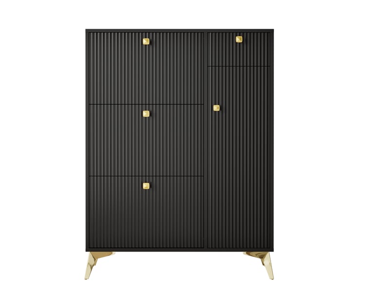  Meuble à chaussures noir 90x25x121 cm, 3 portes pliantes, 1 tiroir intégré, structure panneaux de particules et métal  - Conforama A