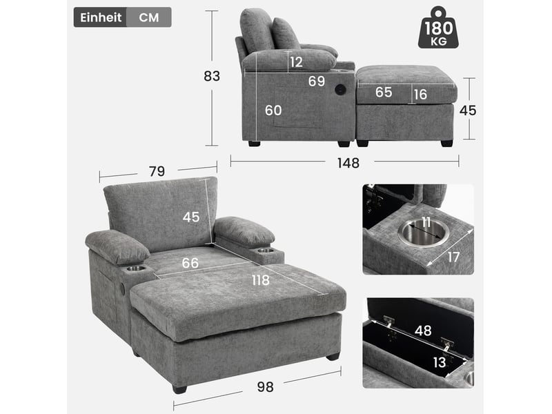  Fauteuil convertible modenvie en tissu chenille gris avec repose-pieds pivotant à 90°, porte-gobelet, rangements et fonction usb, 98 x 148 x 83 cm  - Conforama C