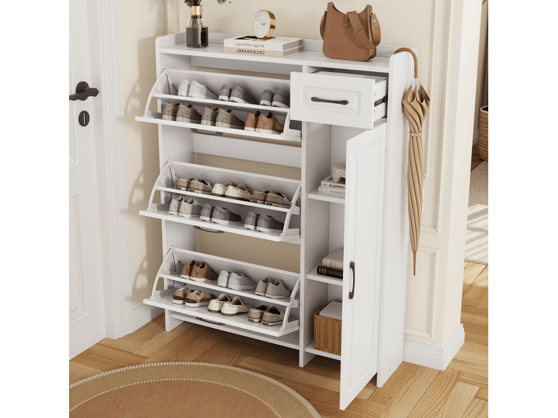  Meuble à chaussures 95x24x121 cm, 3 compartiments basculants, panneau de particules et mdf, blanc  - Conforama B