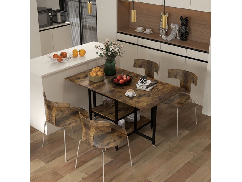 Table de salle à manger extensible pour 2 à 6 personnes avec 2 plateaux rabattables et 2 étagères, en acier, marron - Conforama B