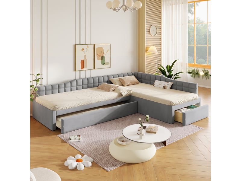  Lit superposé en l 90x200 cm avec lit gigogne, tiroirs et velours gris, sans matelas  - Conforama R