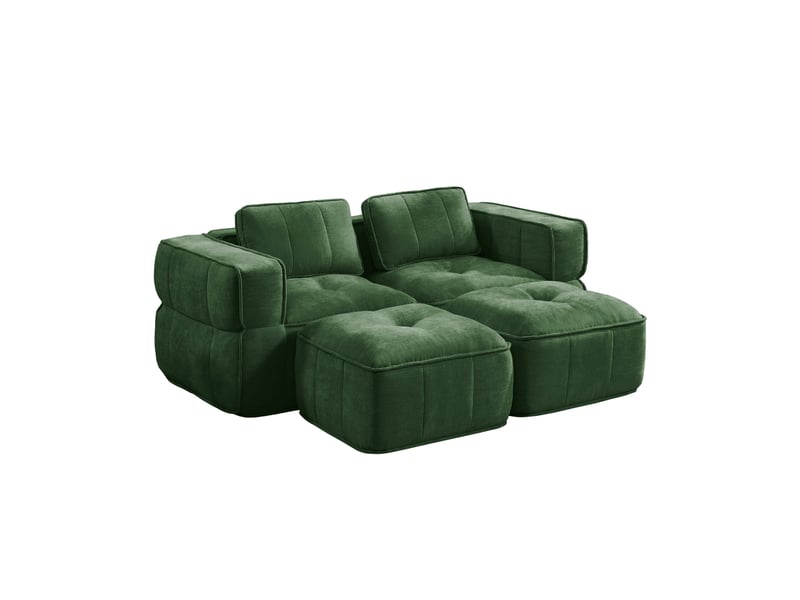 Canapé modulaire 2 places avec deux poufs, assise profonde et larges accoudoirs en polyester vert - Conforama A