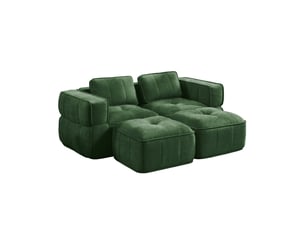 Canapé modulaire 2 places avec deux poufs, assise profonde et larges accoudoirs en polyester vert