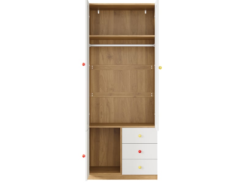  Armoire 2 portes avec tiroirs, meuble enfant blanc, tringle et poignées en céramique colorées  - Conforama D