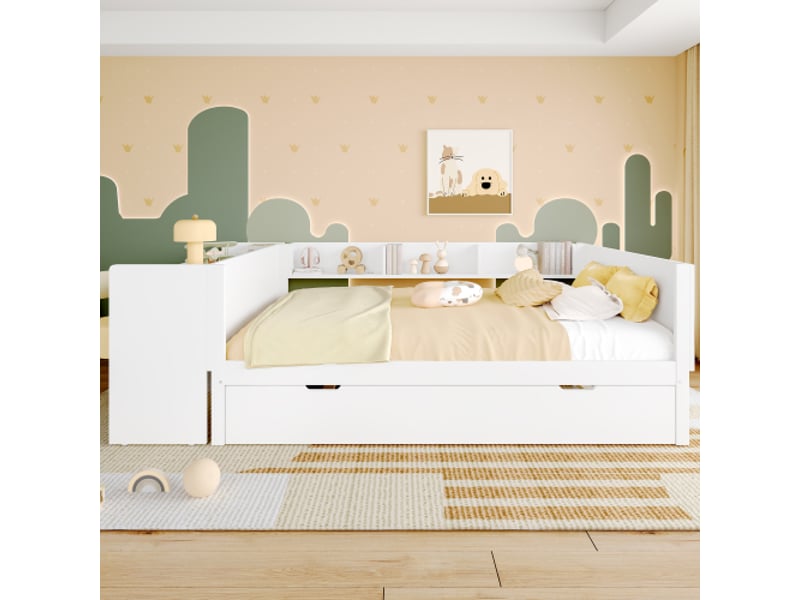  Lit en bois blanc 140x200 cm avec bureau, lit gigogne et rangements – pin + panneau de particules  - Conforama B