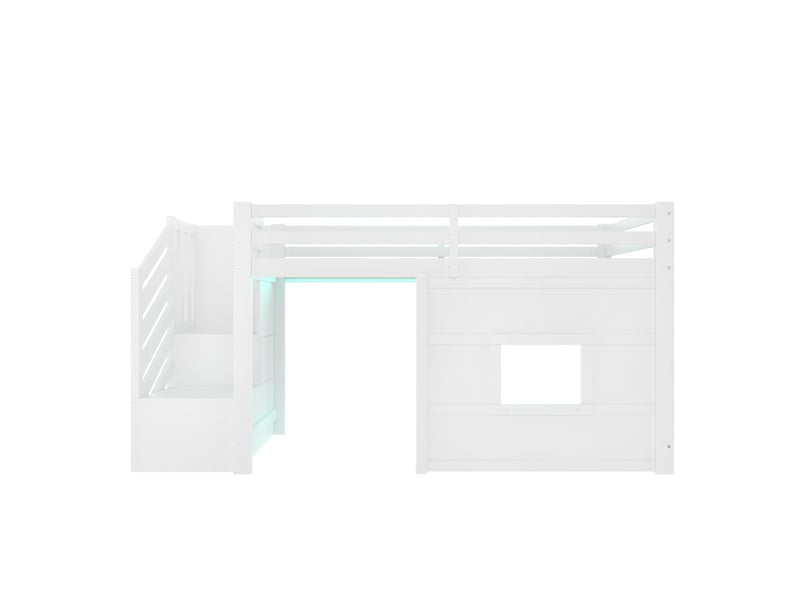  Lit mezzanine enfant 90x200cm avec escalier de rangement, fenêtre et led - lit enfant - en bois de pin blanc, sommier inclus  - Conforama E