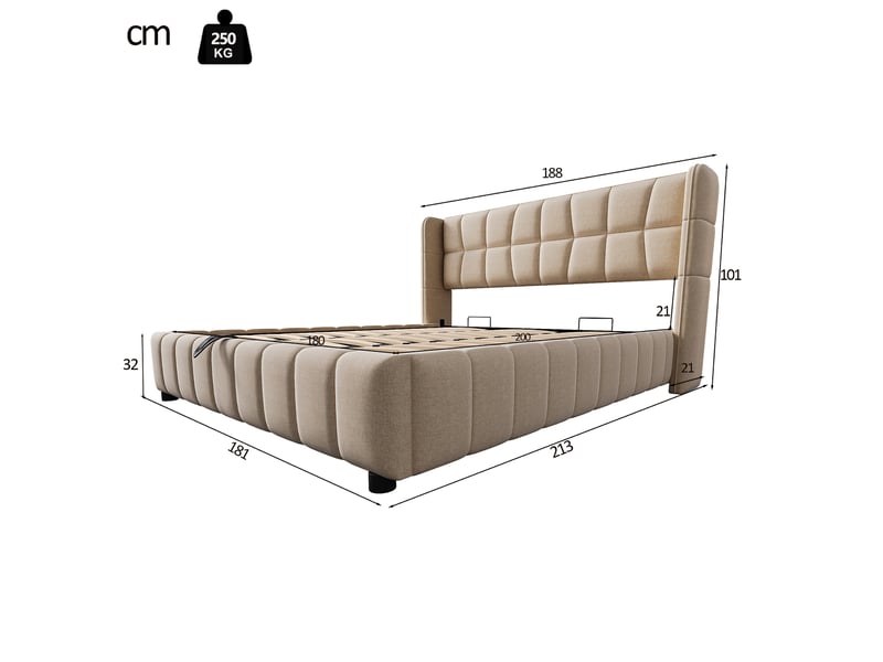  Lit coffre 180 x 200 cm avec rangement pneumatique, tête de lit capitonnée, sommier à lattes, lin beige  - Conforama C