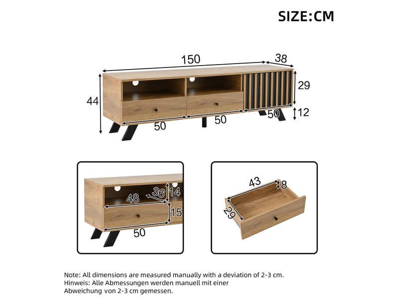  Meuble tv 150x38x44 cm, 2 tiroirs et 1 placard, téléviseur jusqu'à 60 pouces, panneau particules, bois naturel et noir  - Conforama C