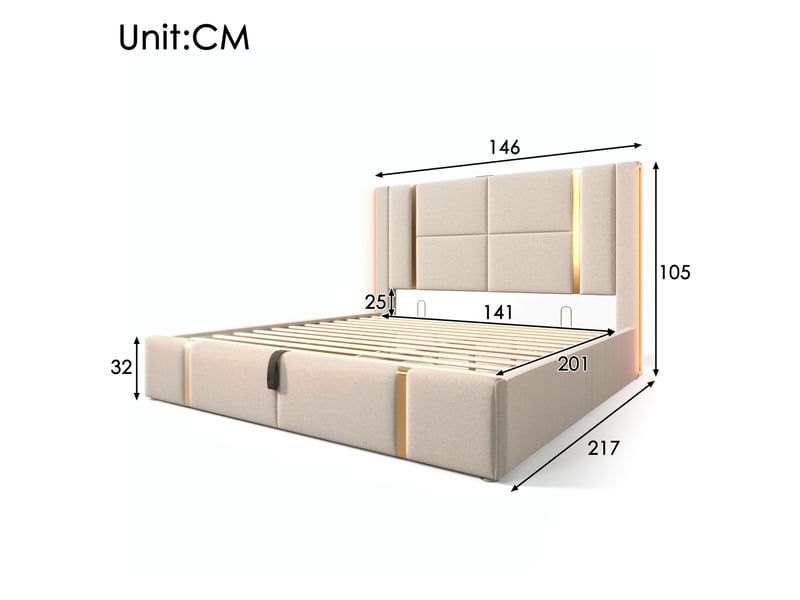  Lit double coffre 140 x 200 cm beige en lin avec matelas, led rgb, usb et type-c  - Conforama E
