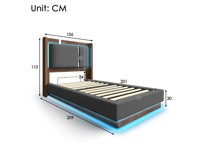  Lit coffre 90 × 200 cm, lin et décor noyer, gris et noyer, led et sommier relevable IKSETERA TRADING LTD - Conforama C