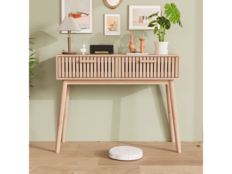 Table console d'entrée -100x35x80cm - table d'appoint en bois clair avec 2 tiroirs rainurés - style scandinave moderne - Conforama B