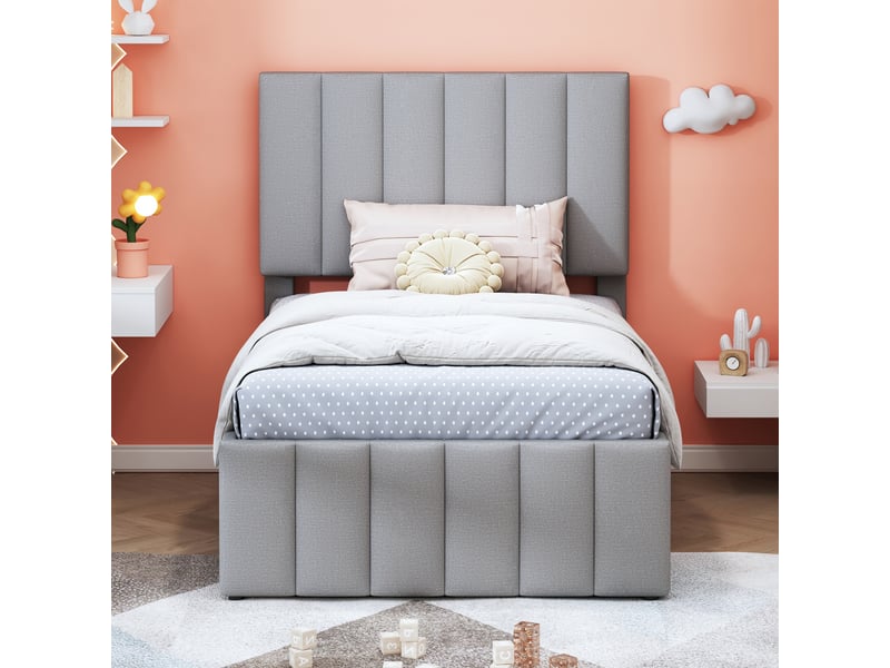  Lit d'appoint 90 x 200 cm, couchage escamotable et trois tiroirs, revêtement lin agréable, coloris gris, sans matelas  - Conforama C