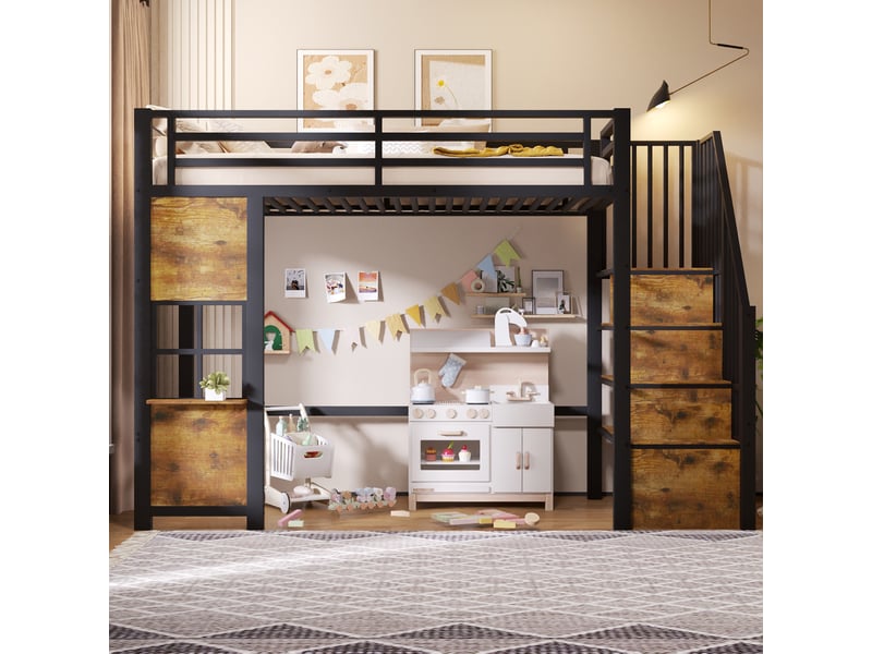  Lit mezzanine 140x200 cm – avec escalier rangement espace jeu et fenêtre décorative – métal et mdf – noir CozyNest - Conforama B