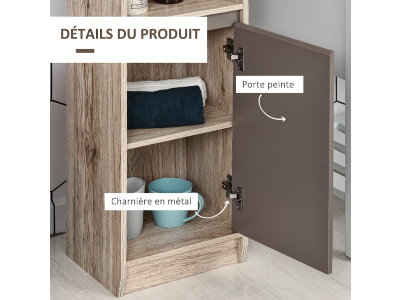 Meuble colonne salle de bain à 6 niveaux, meuble de rangement étroit avec 2 portes, 2 compartiments ouverts et étagère réglable, pour toilette, 30 x 24 x 170 cm gris et chêne, petits espaces - Conforama E