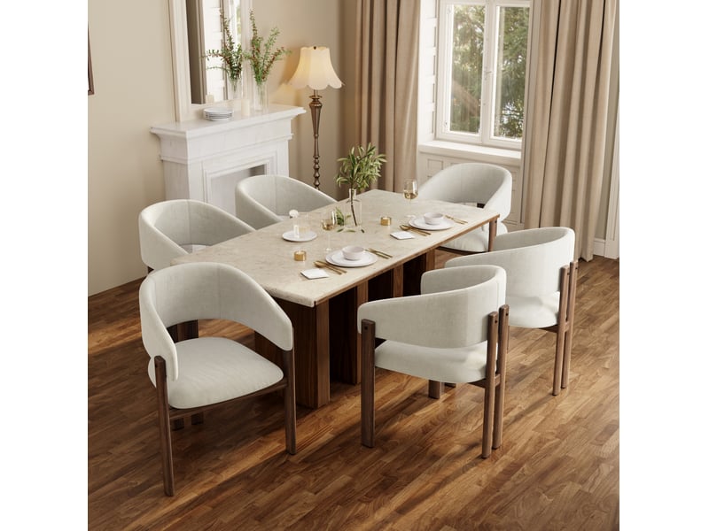  Lot de 6 chaises de salle à manger avec accoudoirs, assise respirante en tissu de lin et métal beige et noyer  - Conforama B